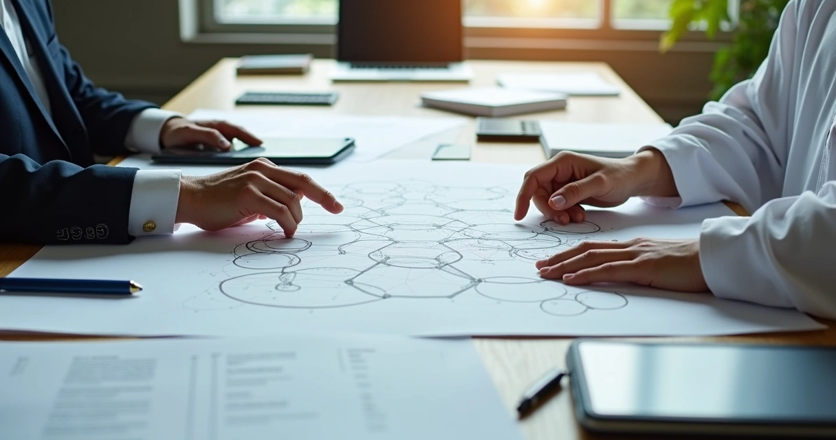 Business desk with overlapping network diagrams showing guanxi and wasta concepts