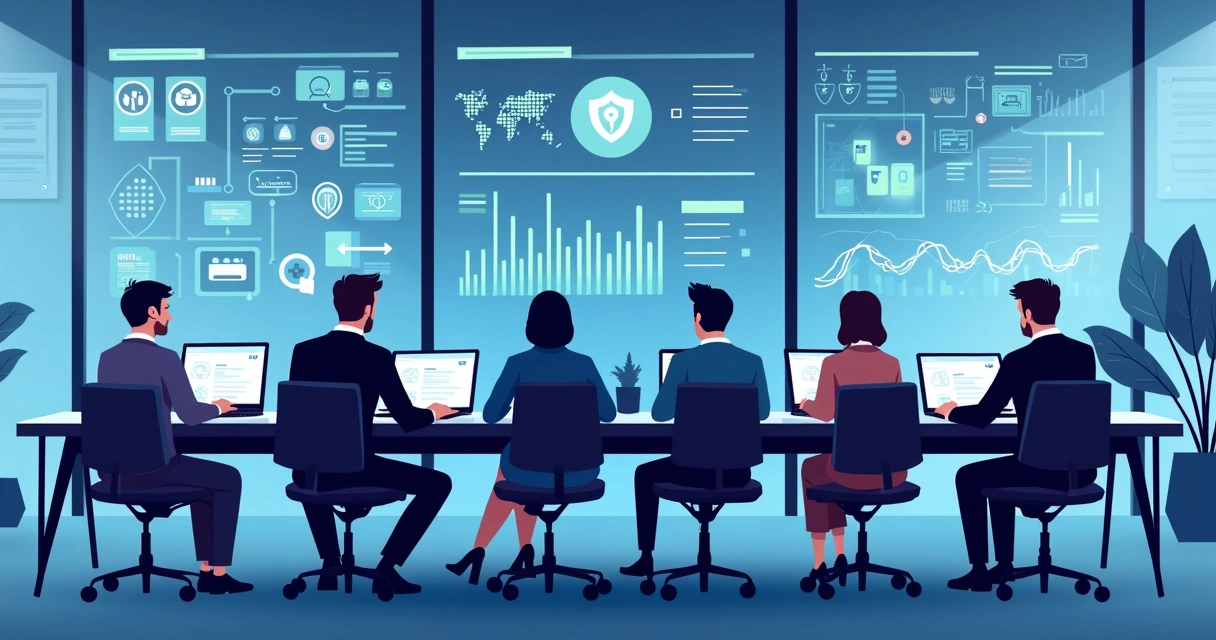 Group of professionals monitoring network security from laptops