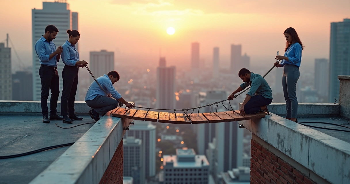 Professionals rebuilding a broken rope bridge between two city rooftops 