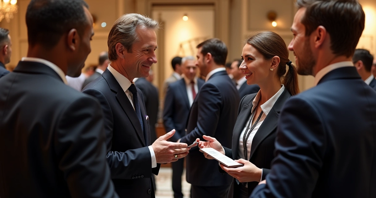 Advogados conversando em evento de networking jurídico, troca de cartões e ideias