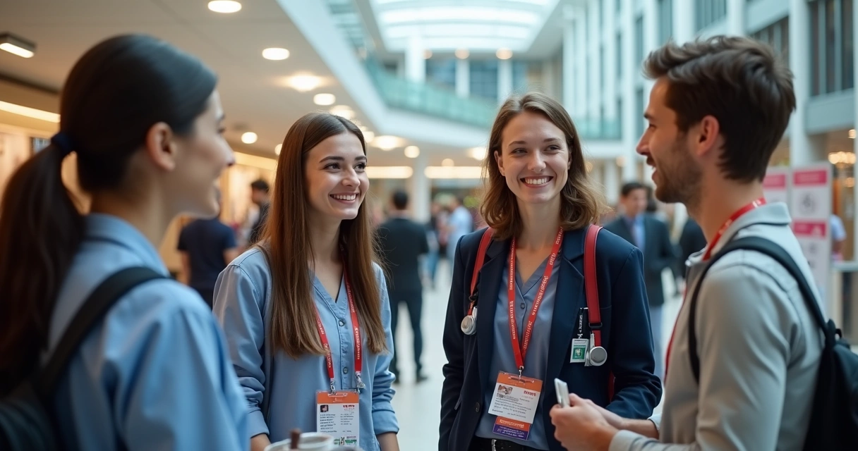Grupo de alunos veterinários conversando e sorrindo em evento educacional 