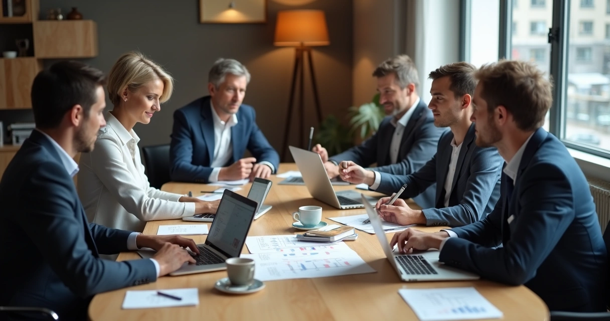 Encontro de profissionais de finanças trocando cartões em mesa arredondada, laptops e agendas ao redor 