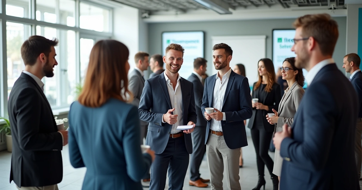 Profissionais de BPO financeiro conversando em evento de networking