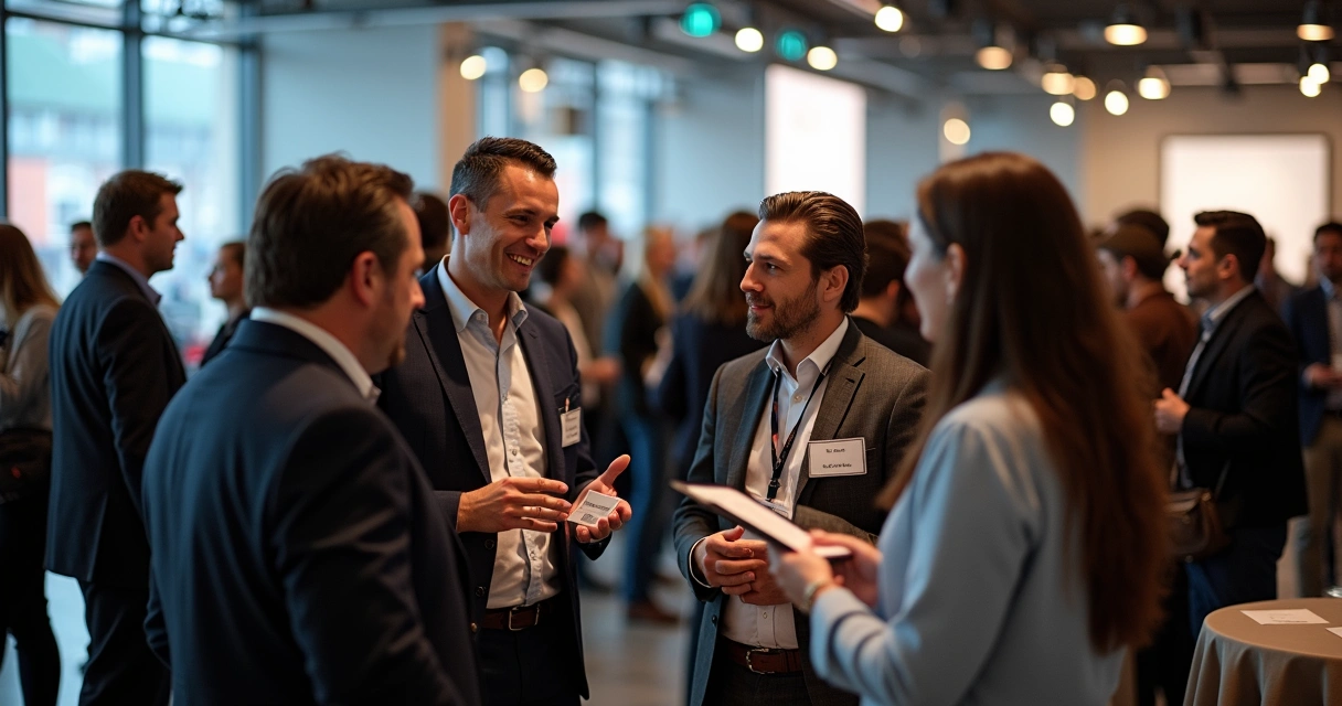 Grupo de pessoas trocando cartões e conversando em evento de networking 