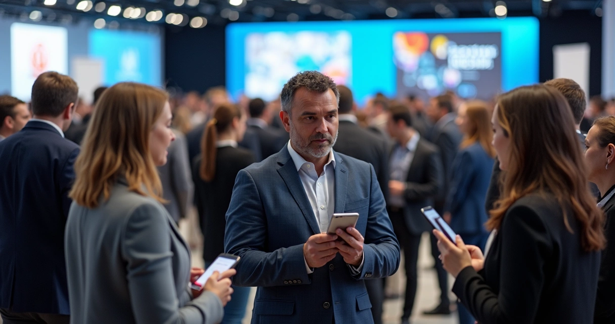 Profissionais de marketing conversando em conferência 