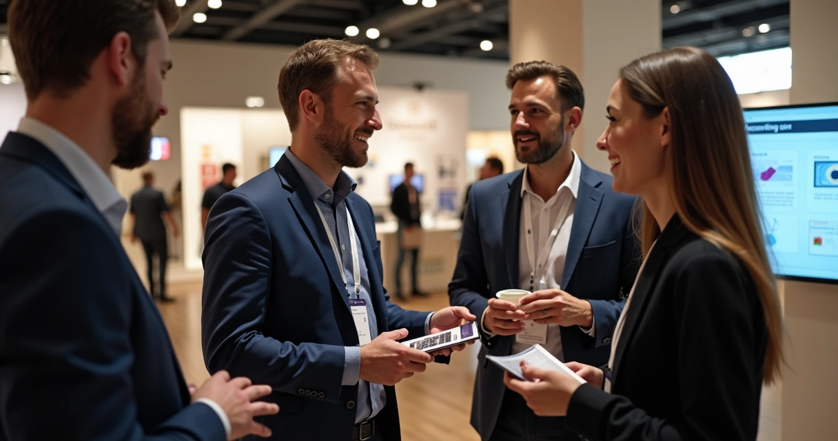 Profissionais conversando em networking de evento contábil 