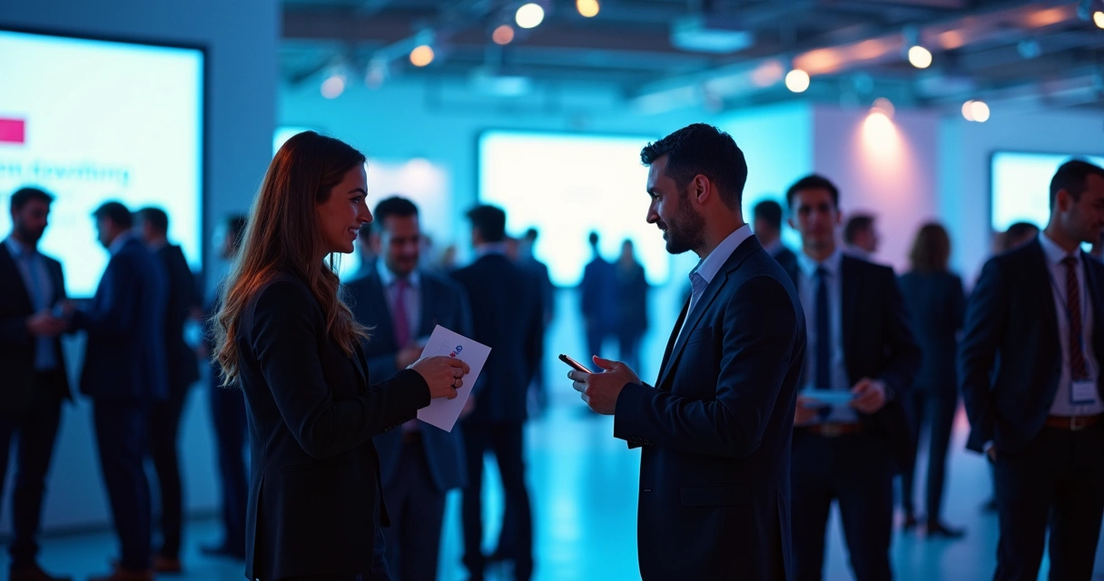 Contadores conversando em evento de networking e trocando cartões 