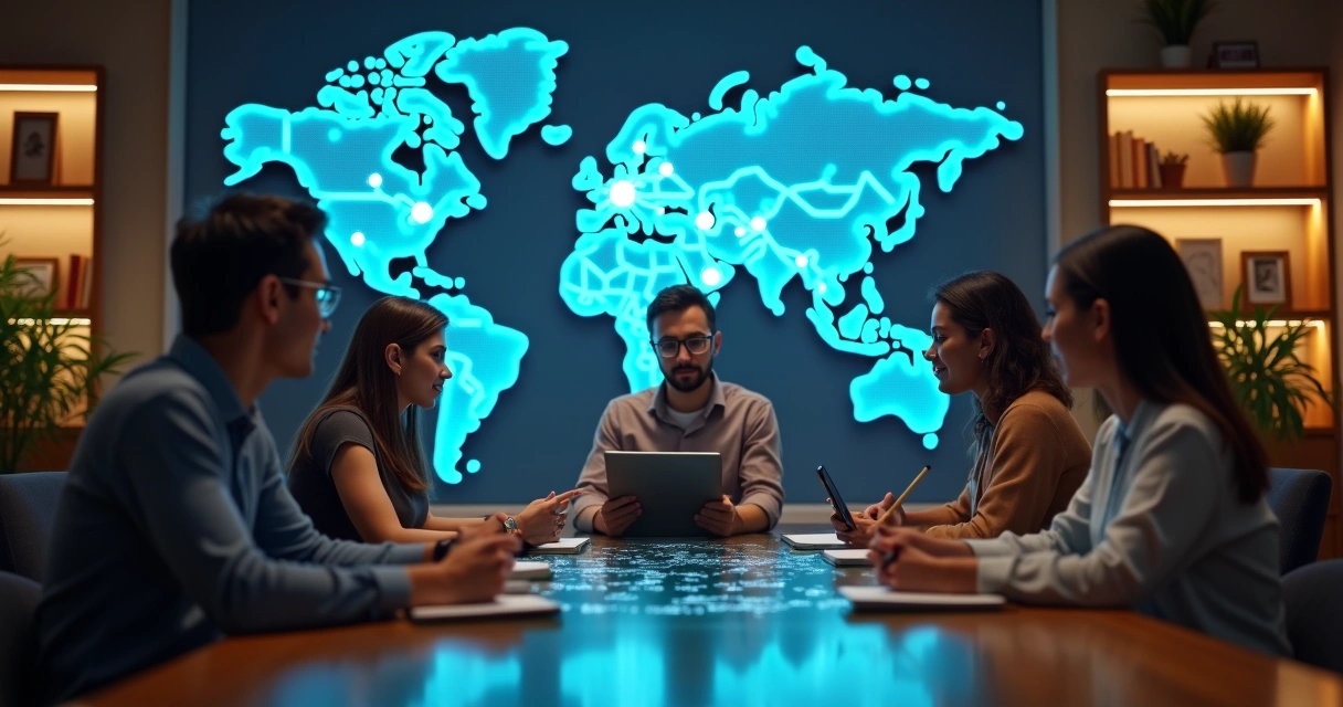 Grupo diverso em mapa-múndi virtual trocando ideias online 