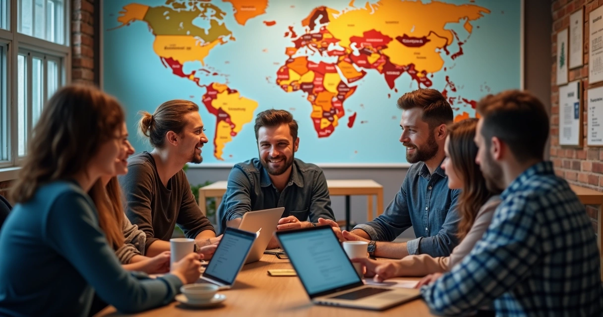 Desenvolvedores fazendo networking em ambiente internacional