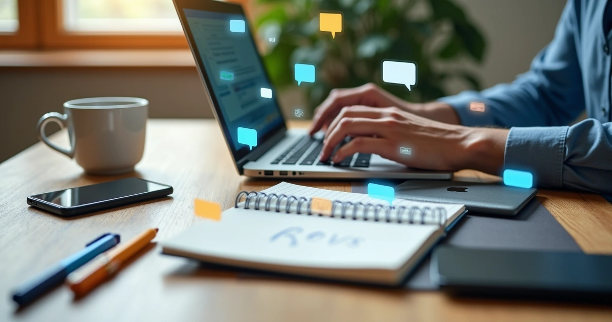 Mesa de trabalho com notebook, anotações, café, smartphone e mãos teclando