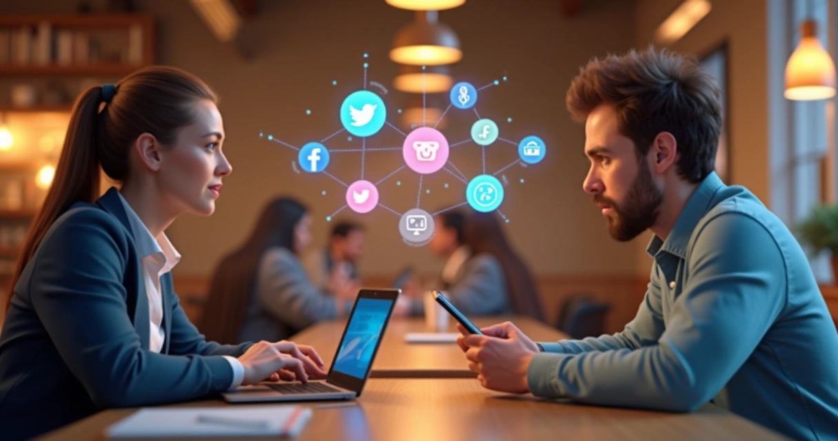 Duas pessoas trocando ideias em ambiente digital rodeados por ícones de redes sociais
