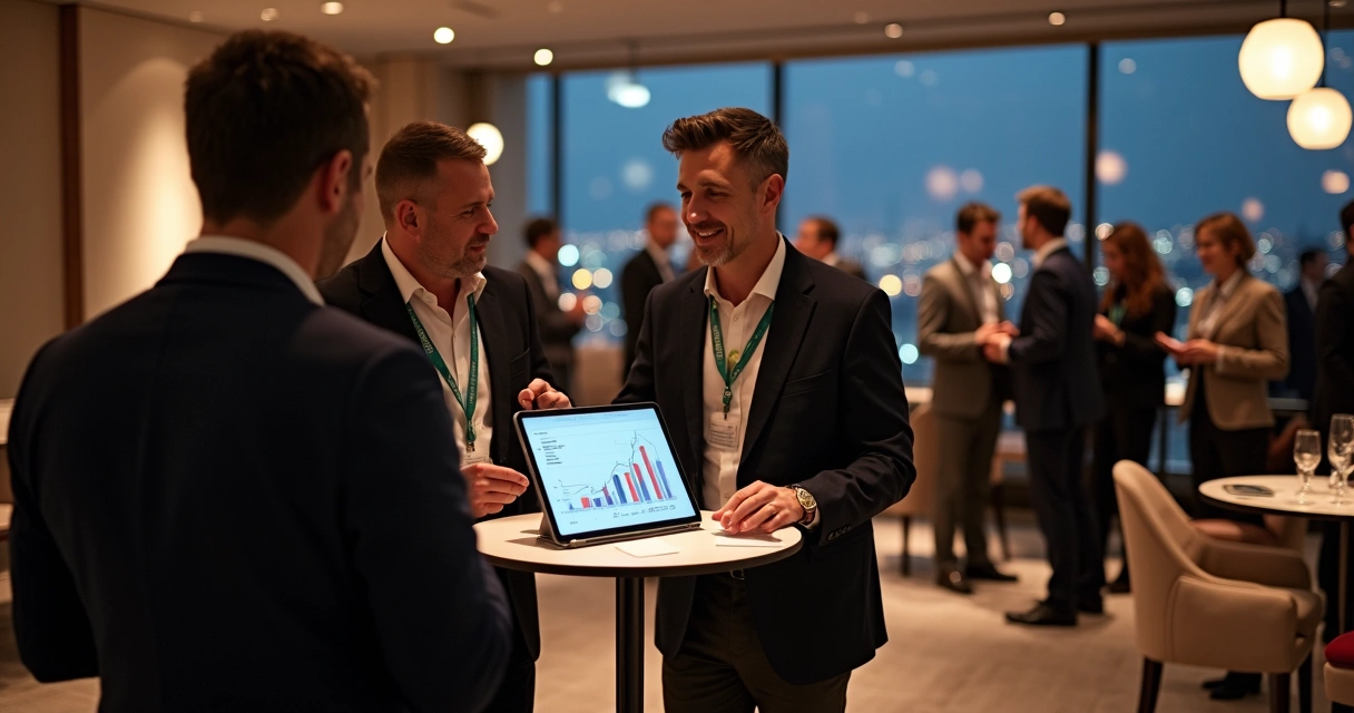 Donos de agências conversando com executivos em evento de negócios presencial 