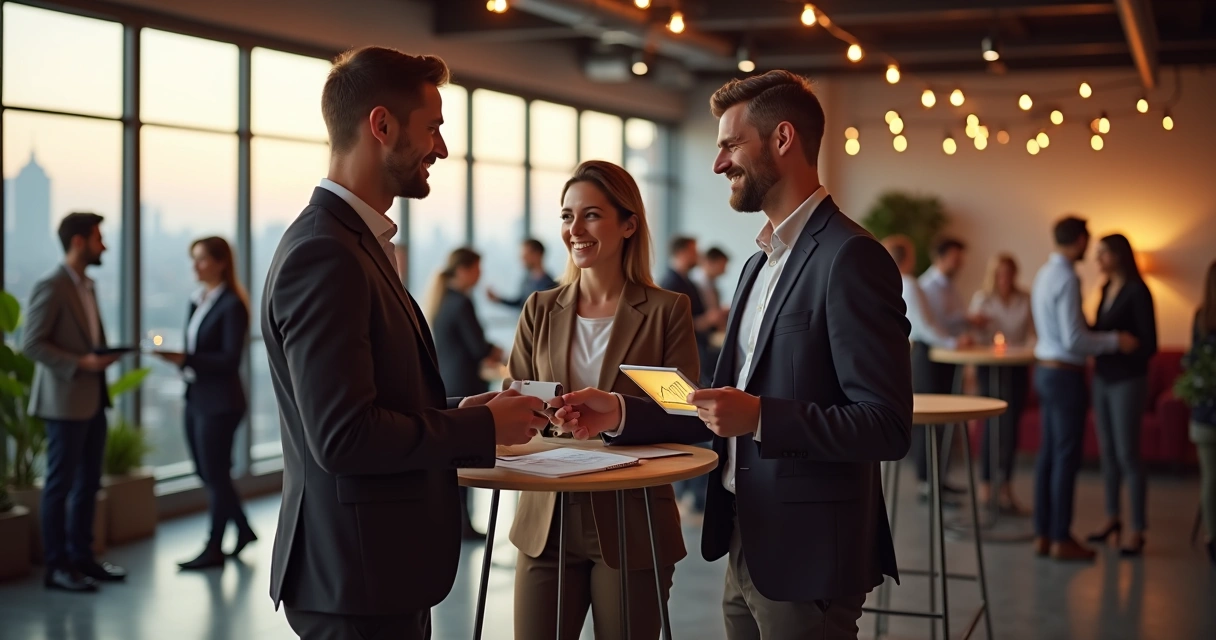 Profissionais de negócios trocando cartões em evento de networking moderno 