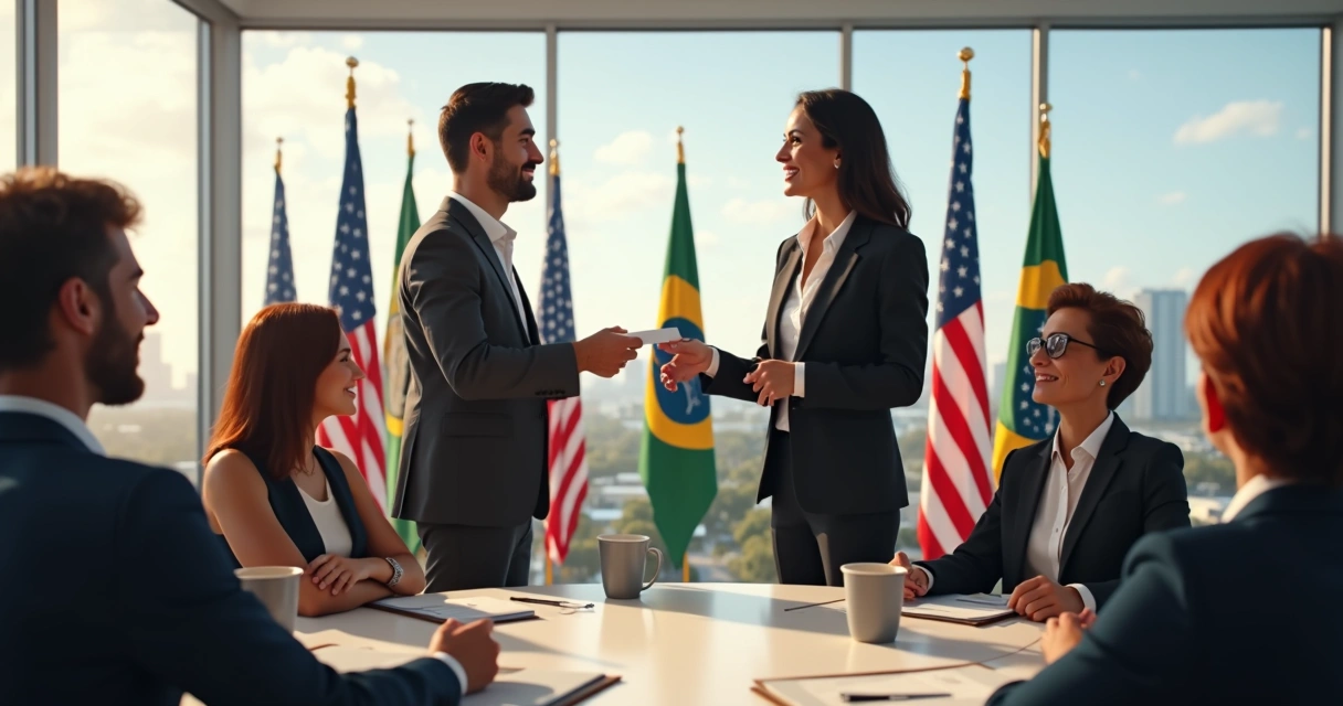 Rede de pessoas brasileiras trocando cartões em evento nos EUA 