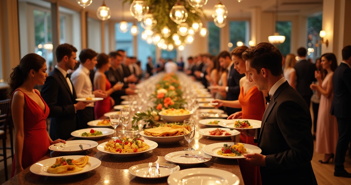 Pessoas conversando em evento gastronômico, com pratos coloridos na mesa 