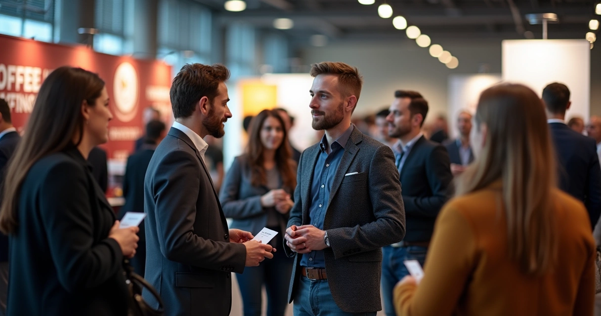 Empreendedores em evento de networking, conversando e trocando cartões 