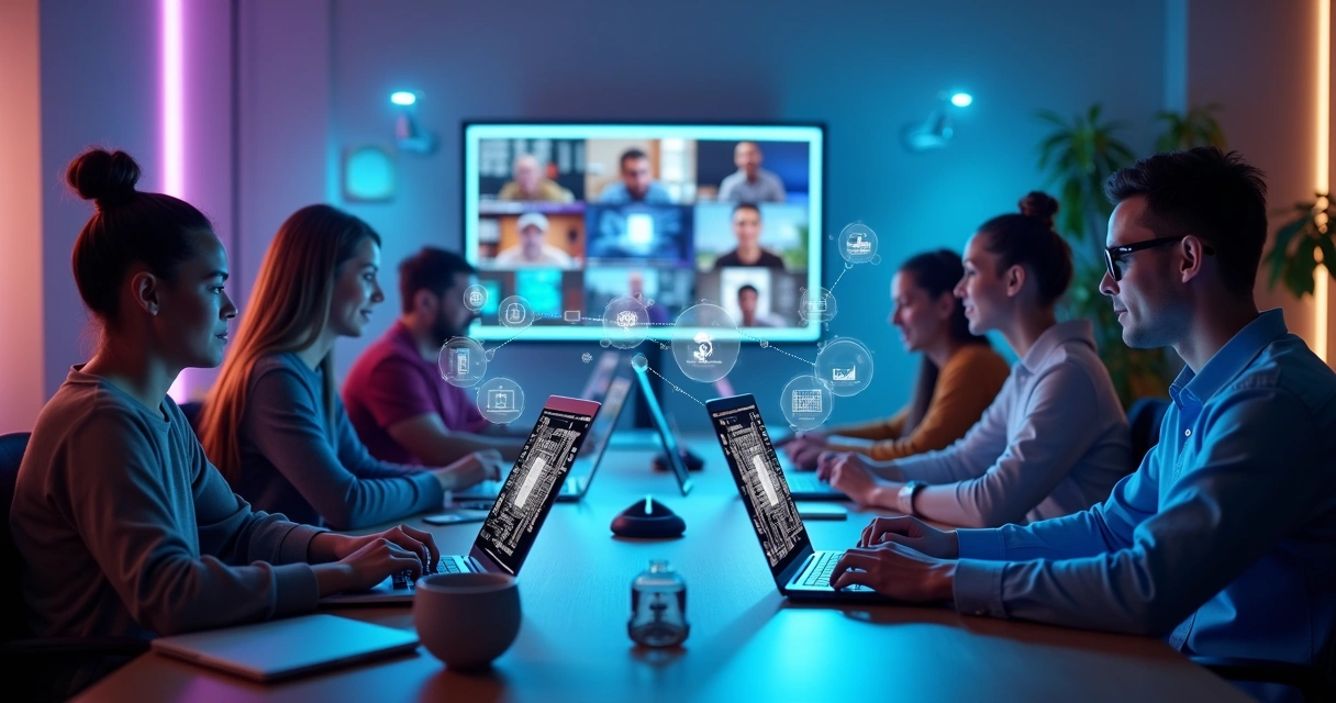 Pessoas conectando em evento de tecnologia online com laptops e ícones digitais flutuantes 
