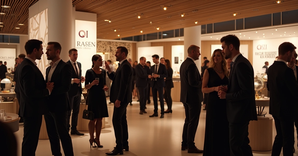 Profissionais em networking em evento elegante com decoração sofisticada 