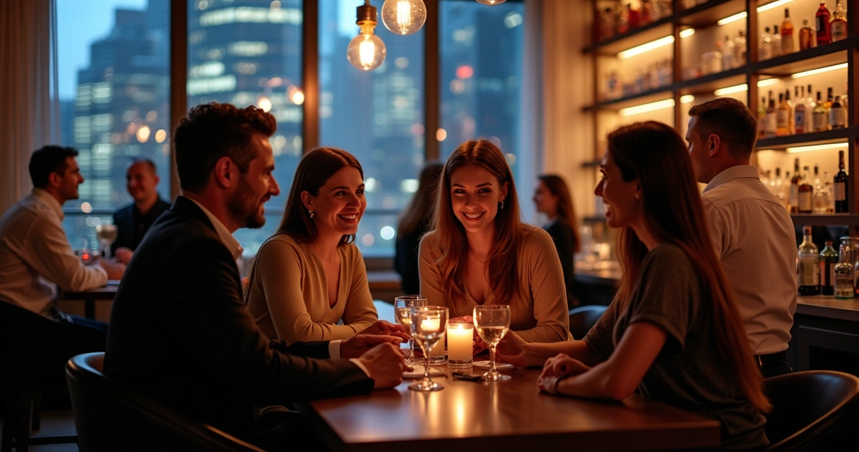 Profissionais do foodservice em network durante happy hour em bar sofisticado em Chicago 
