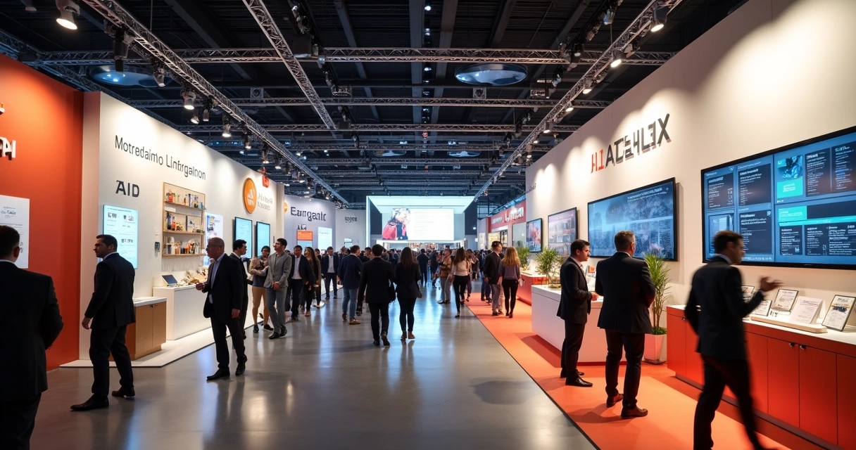 Área de networking em feira de foodservice com estandes e visitantes 