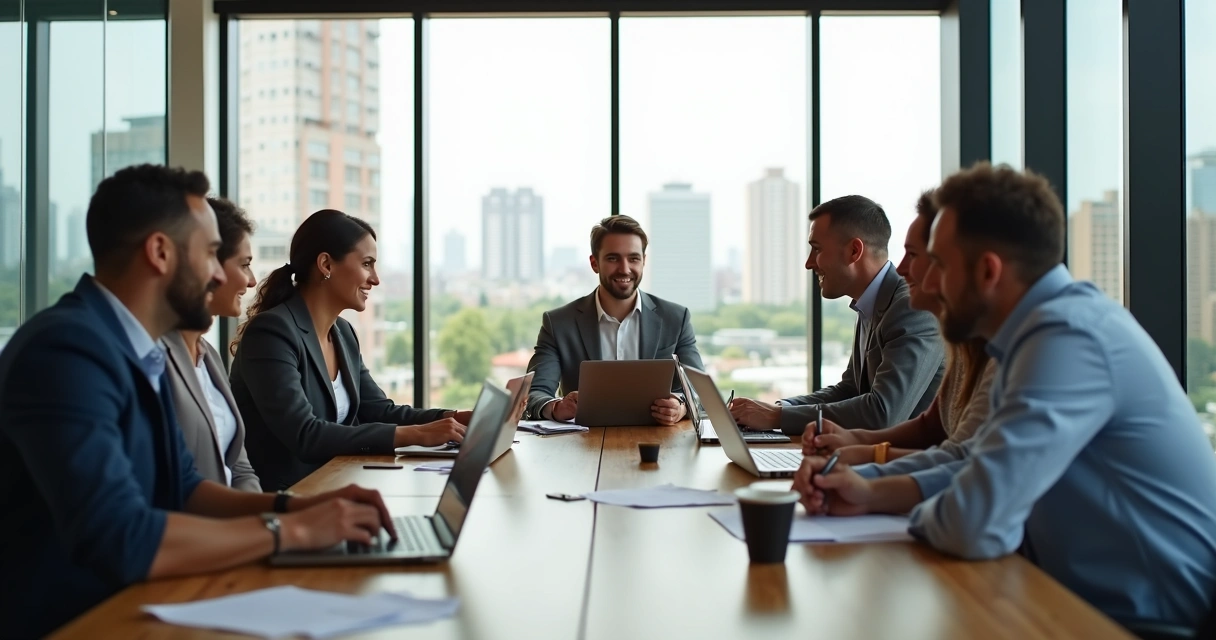 Profissionais de gestão conversando em uma mesa de reunião com papéis e laptops.