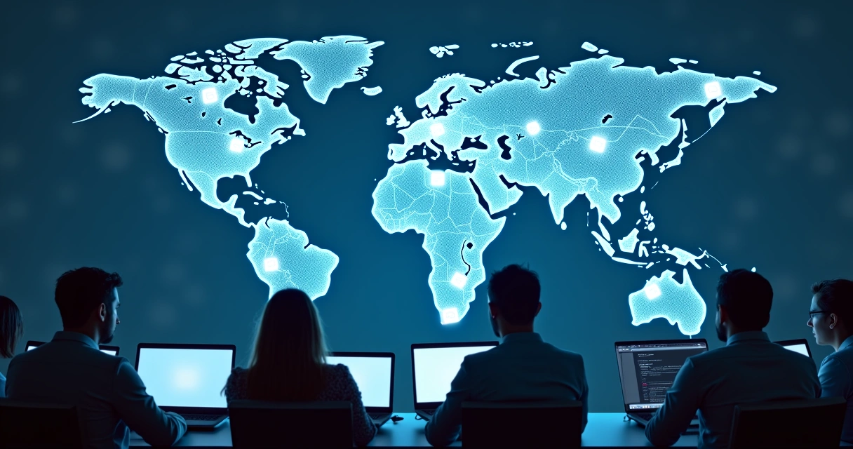 Profissionais de tecnologia conectados globalmente em networking 