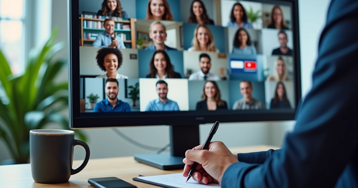 Monitor mostrando reunião virtual com pessoas de vários países 