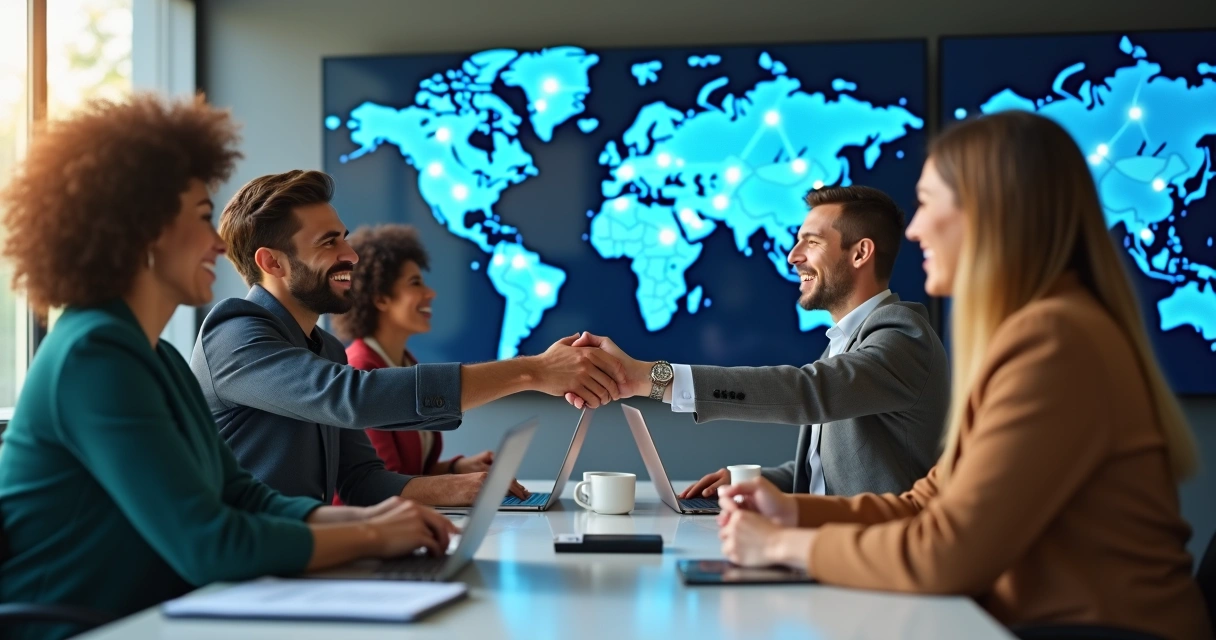 Pessoas diversas fazendo networking em evento internacional, em ambiente moderno com telas digitais e mapas mundiais ao fundo 