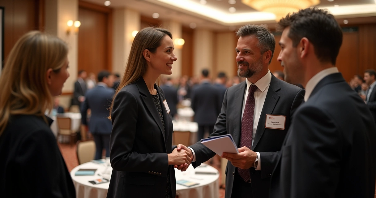Profissionais conversando em evento jurídico