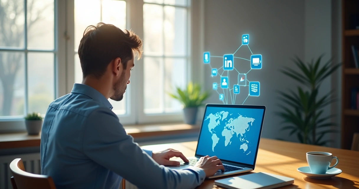 Profissional utiliza laptop para expandir networking no LinkedIn com conexões globais
