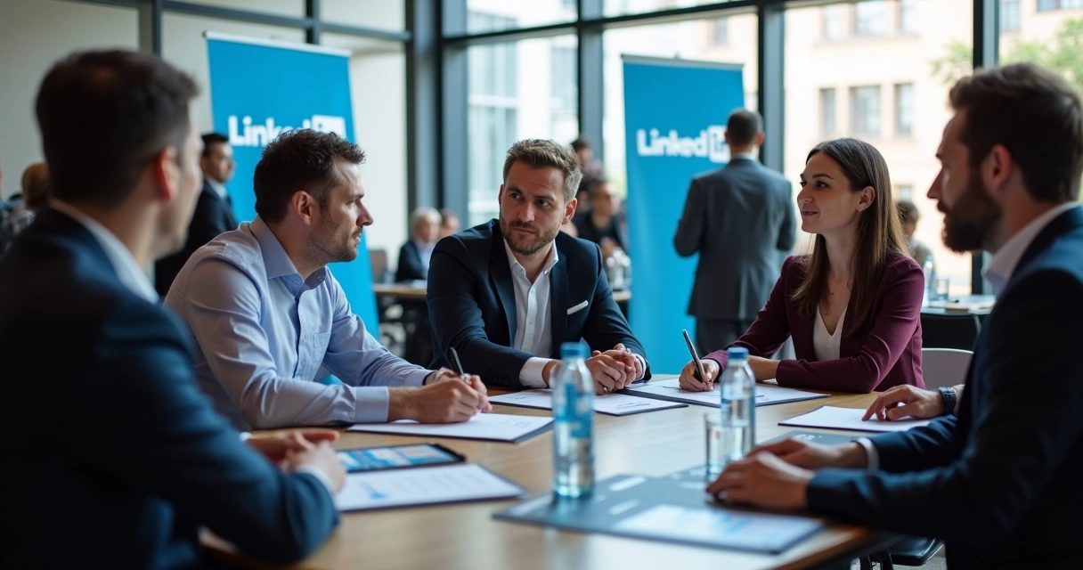 Profissionais em evento de networking do LinkedIn conversando ao redor de uma mesa 