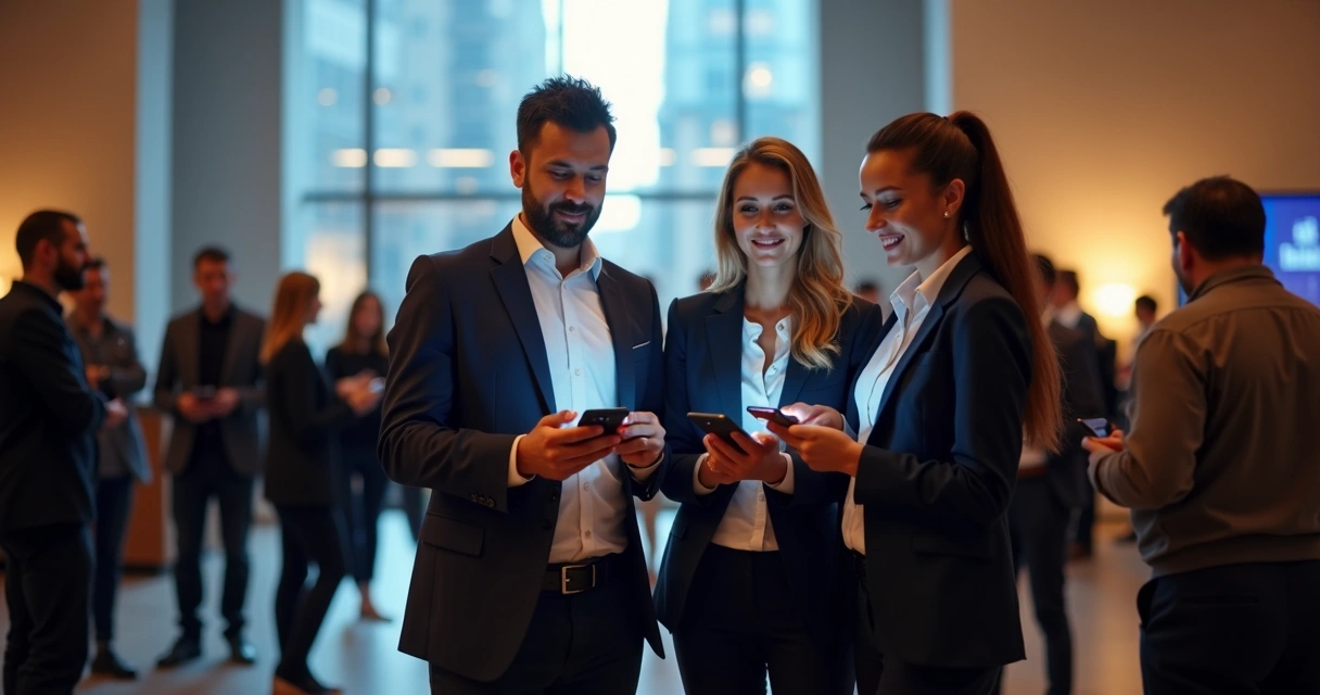 Profissionais conversando em evento de networking, dispositivos com LinkedIn aberto 