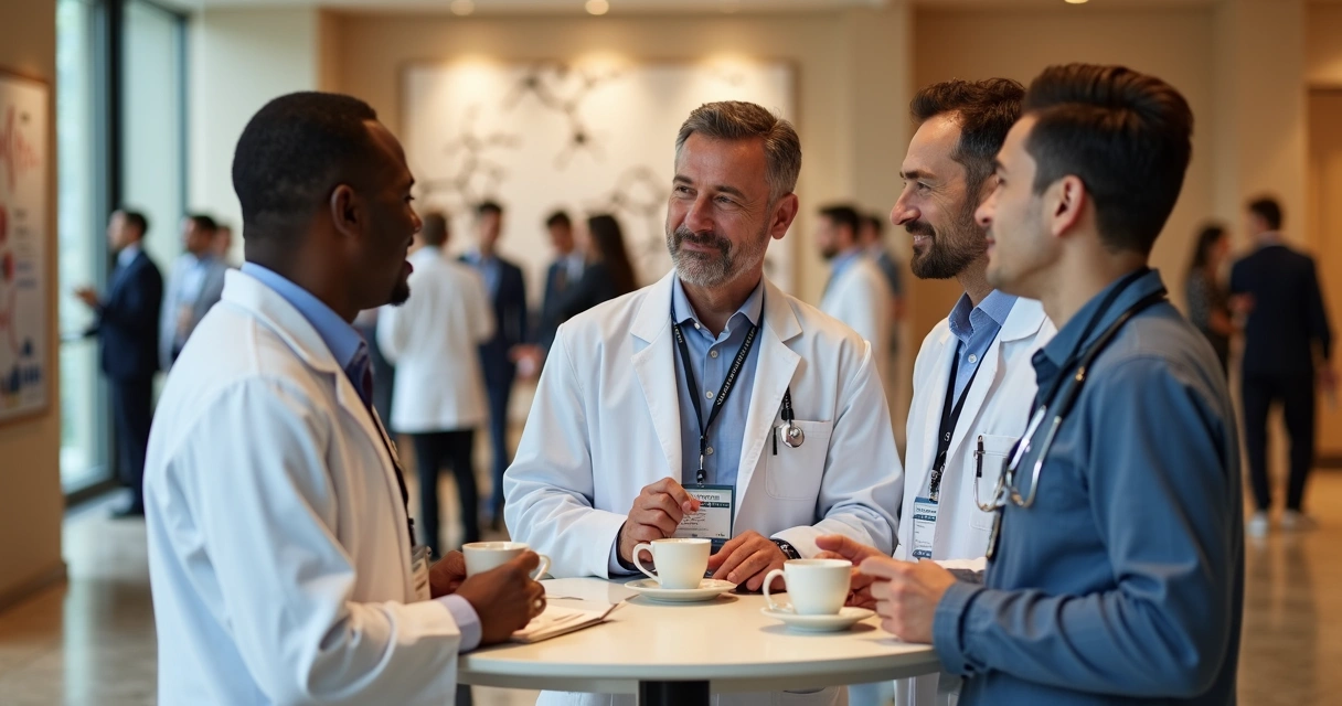 Médicos conversando em pequeno grupo durante congresso de saúde 
