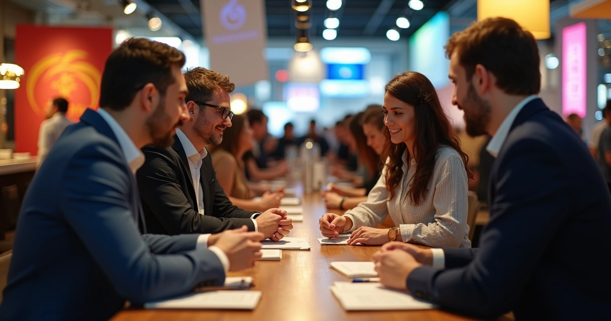 Empresários trocando cartões em evento foodservice 