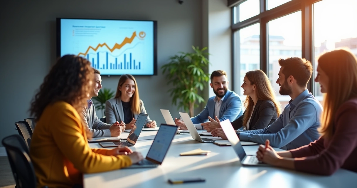 Grupo de empresários locais em reunião colaborativa, trocando ideias com laptops e anotações 
