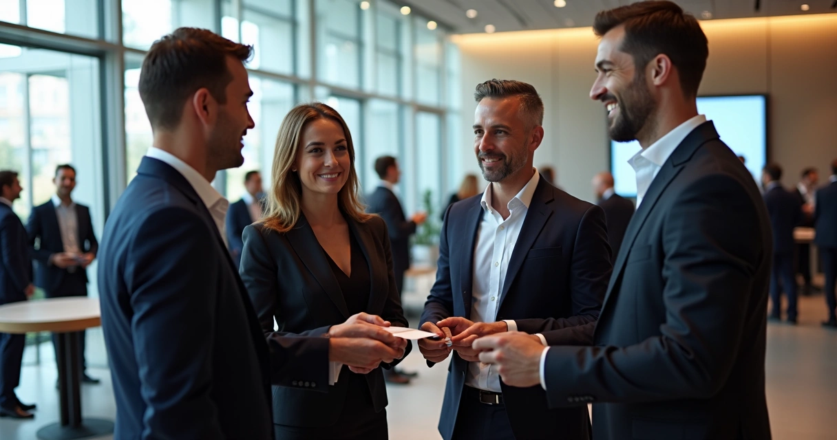 Profissionais trocando cartões em ambiente de negócios 