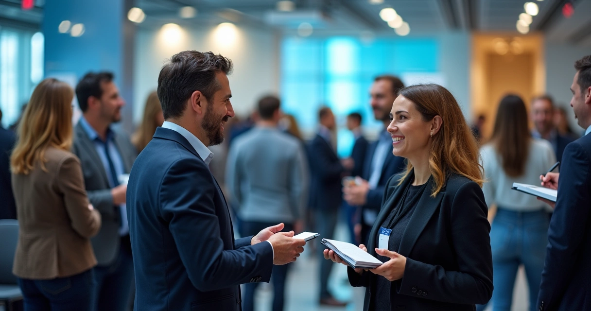 Profissionais conversando em evento de networking 