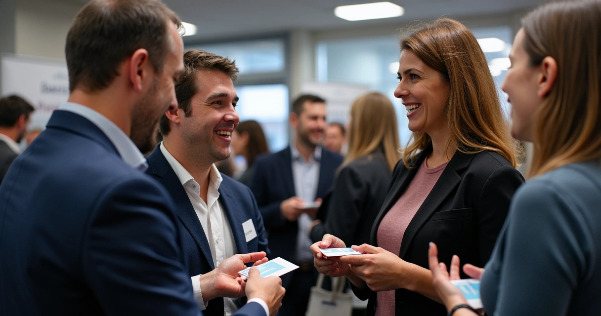 Profissionais de TI conversando e trocando cartões em evento de networking em Wellington 