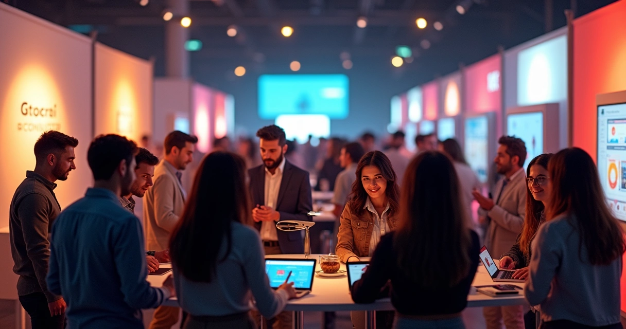 Profissionais trocando ideias em espaço de networking de evento de startups 