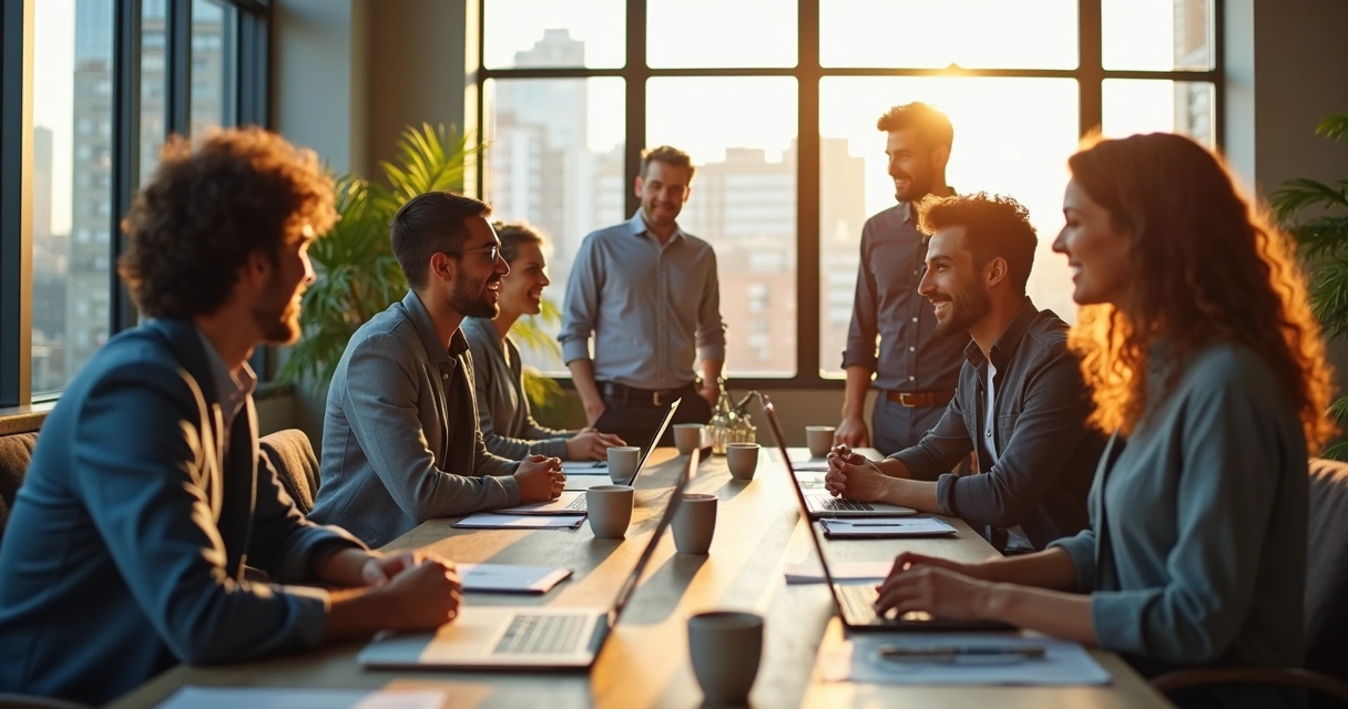 Profissionais em roda conversando, ambiente iluminado moderno, notebooks sobre mesa 