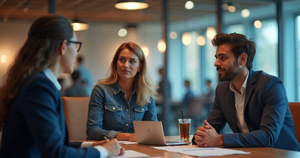 Dupla reunião profissional, uma em comunidade de networking e outra com consultoria comercial, em ambiente corporativo moderno 