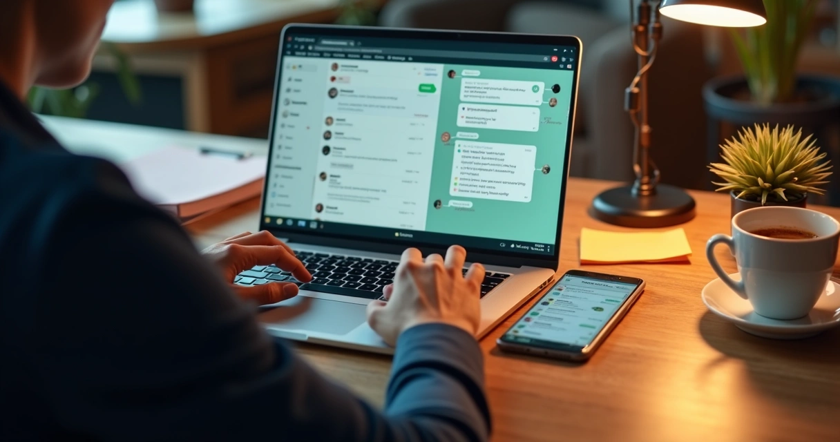 Pessoa usando WhatsApp para networking de vendas em notebook e smartphone 