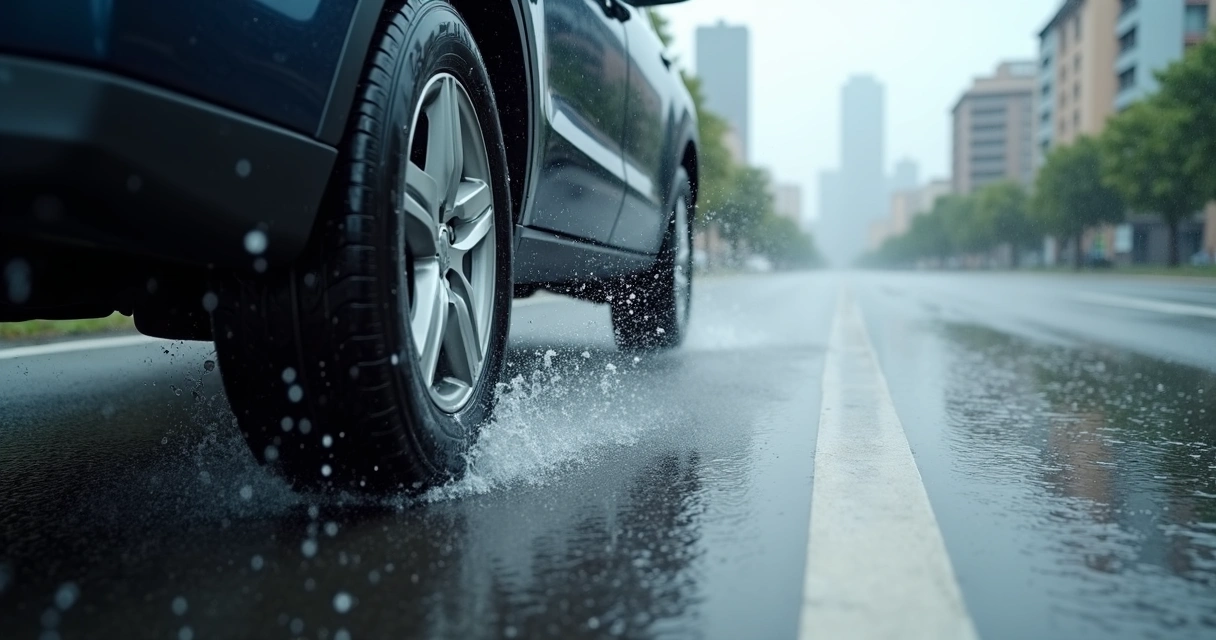Auto circulando en lluvia intensa, visto desde un ángulo lateral con enfoque en los neumáticos y el agua salpicando 