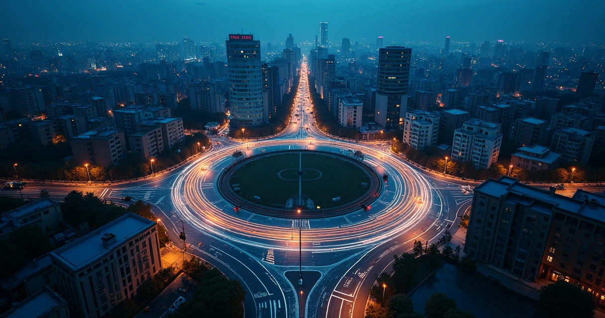 Urban skyline blended with glowing neural pathways shaped like looping routines 