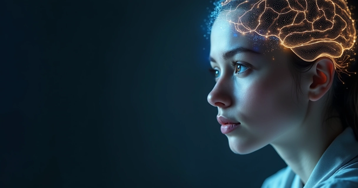 Glowing neural pathways around a focused person in profile