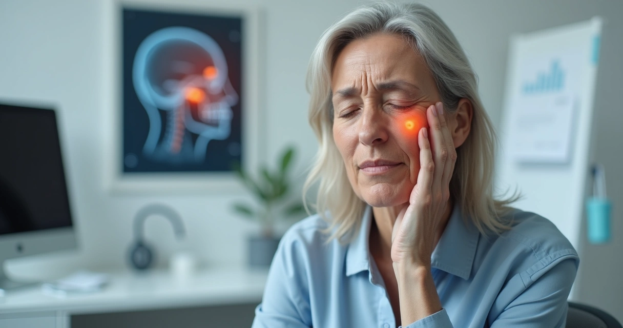 Mulher tocando o lado do rosto com expressão de dor aguda 