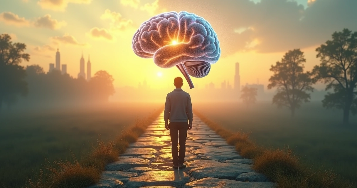 Cérebro humano iluminado e pessoa em pé diante de bifurcação de caminhos 