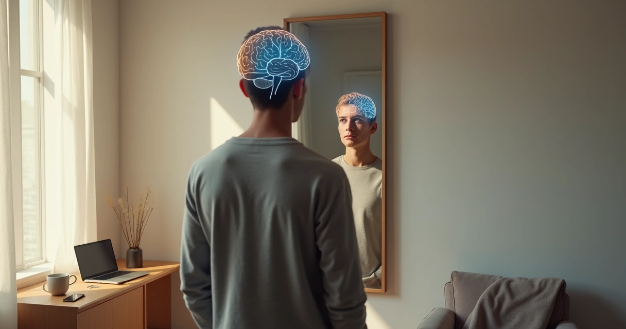 Pessoa diante de espelho dividido entre reflexão interior e atividade cerebral visualizada 