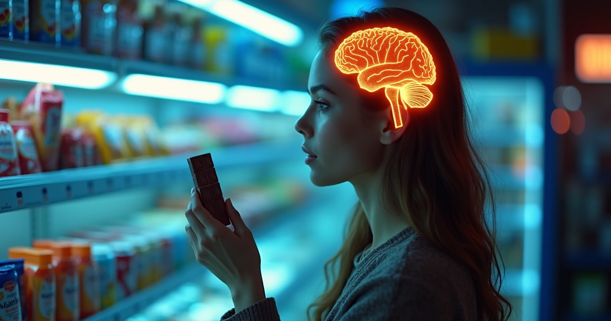 Pessoa pegando doce com cérebro luminado sobreposto à cena 