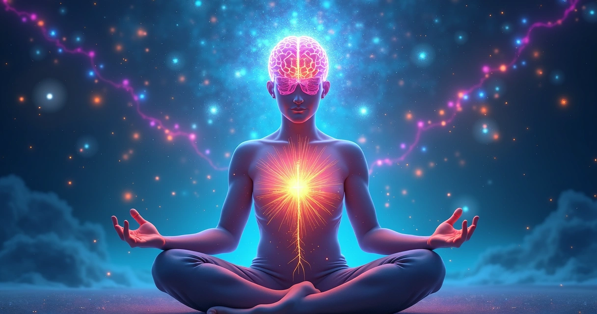 Ilustração mostrando cérebro, coração e campo energético ao redor de uma pessoa 